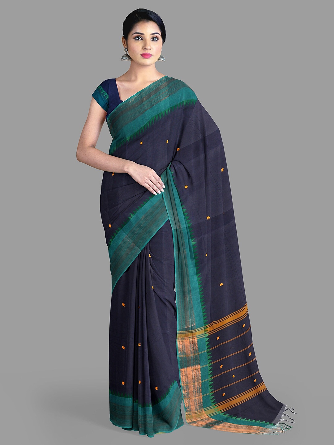 

The Chennai Silks Paisley Zari Pure Cotton Chettinad Saree, Navy blue