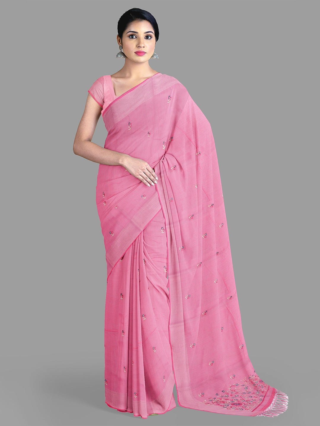 

The Chennai Silks Floral Embroidered Chanderi Saree, Pink