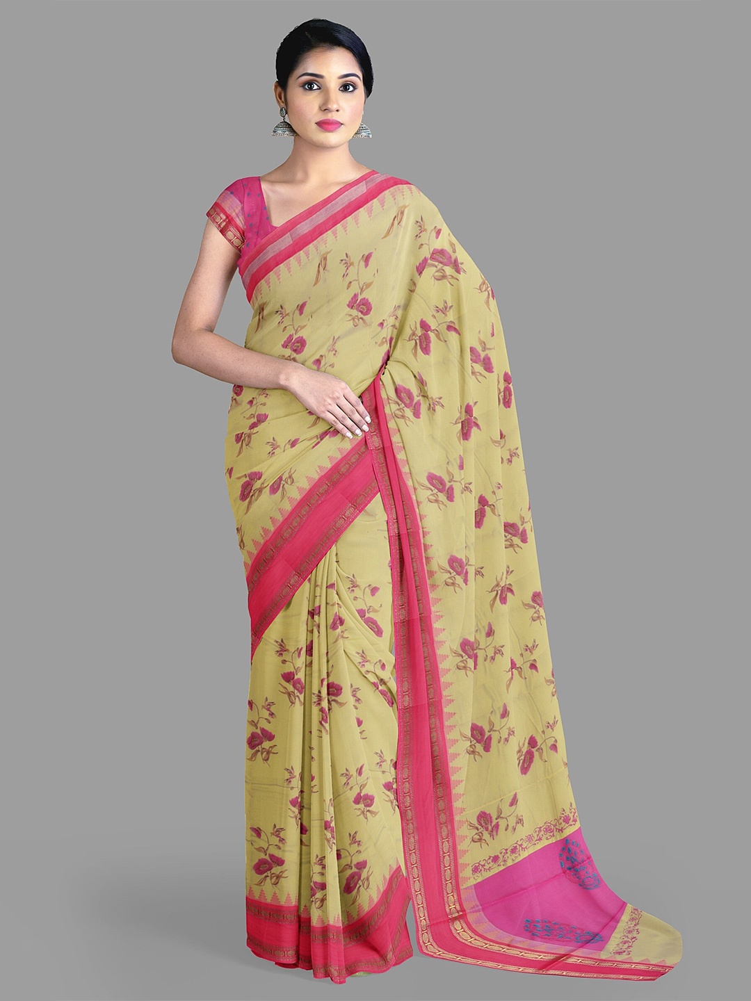 

The Chennai Silks Women Floral Zari Organza Banarasi Saree, Beige