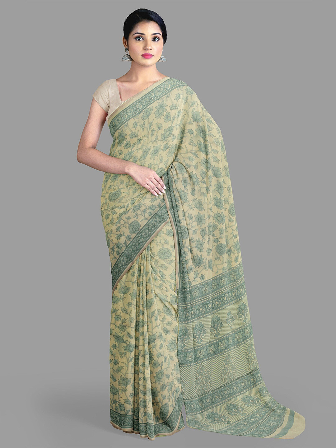 

The Chennai Silks Floral Zari Chanderi Saree, Beige