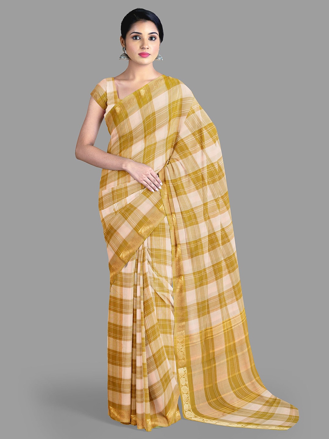 

The Chennai Silks Women Checked Zari Pure Cotton Chettinad Saree, Beige