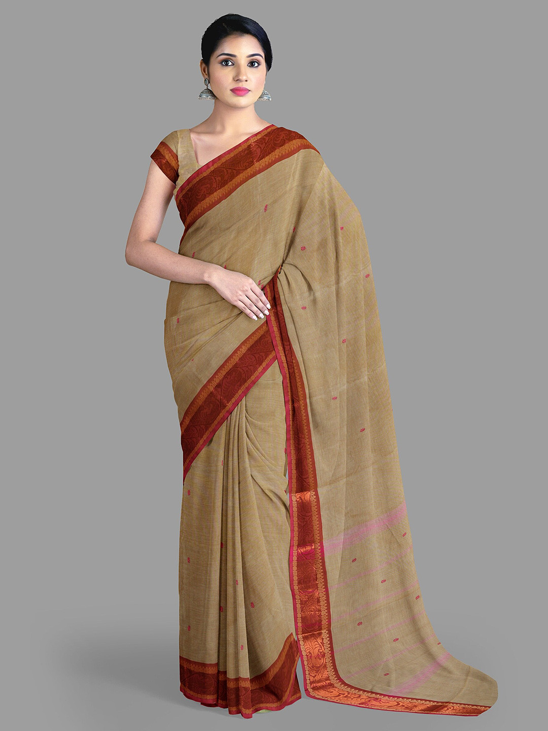 

The Chennai Silks Floral Zari Pure Cotton Chettinad Saree With Blouse Piece, Beige