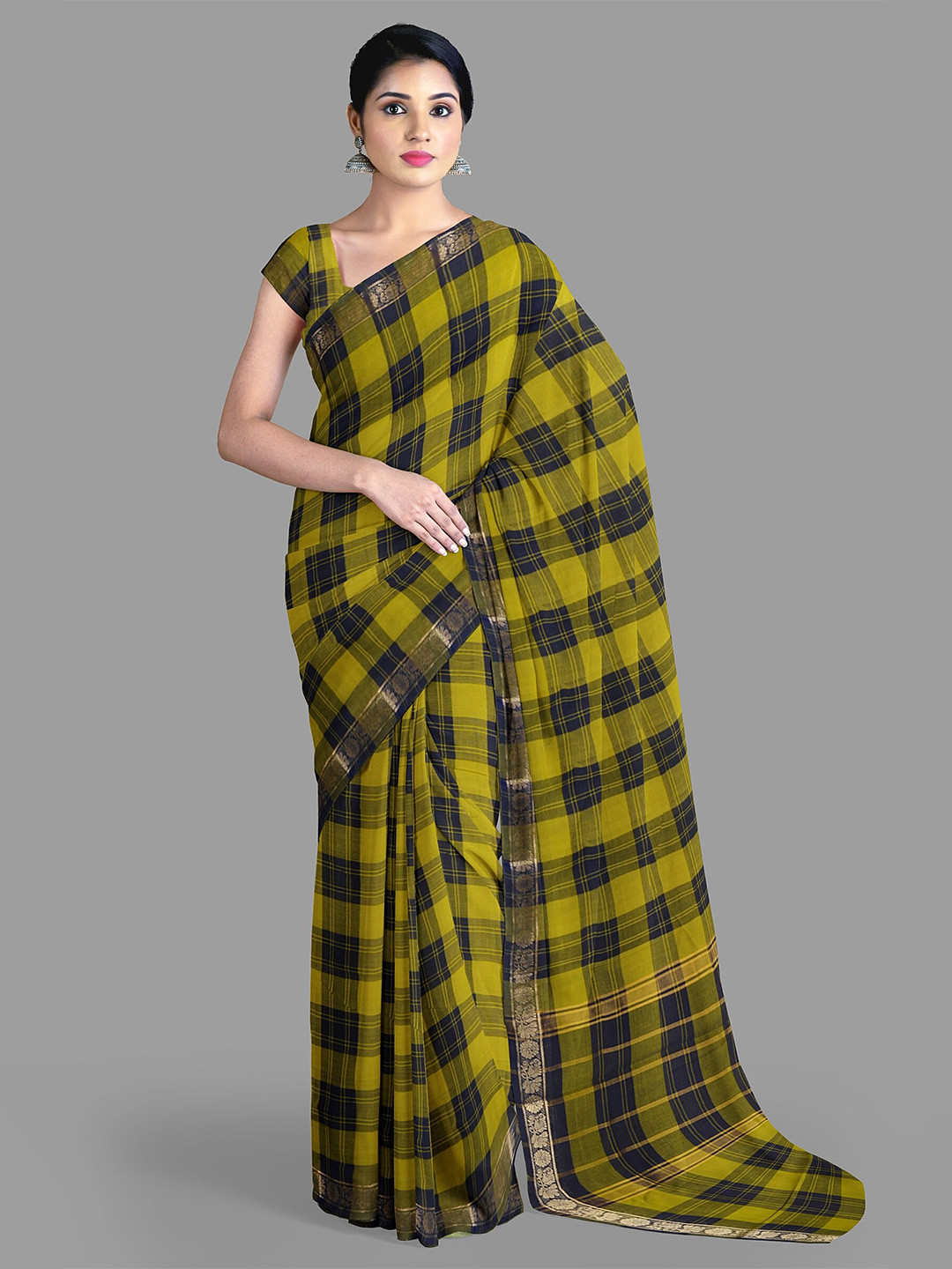 

The Chennai Silks Checked Zari Pure Cotton Chettinad Saree With Blouse Piece, Green