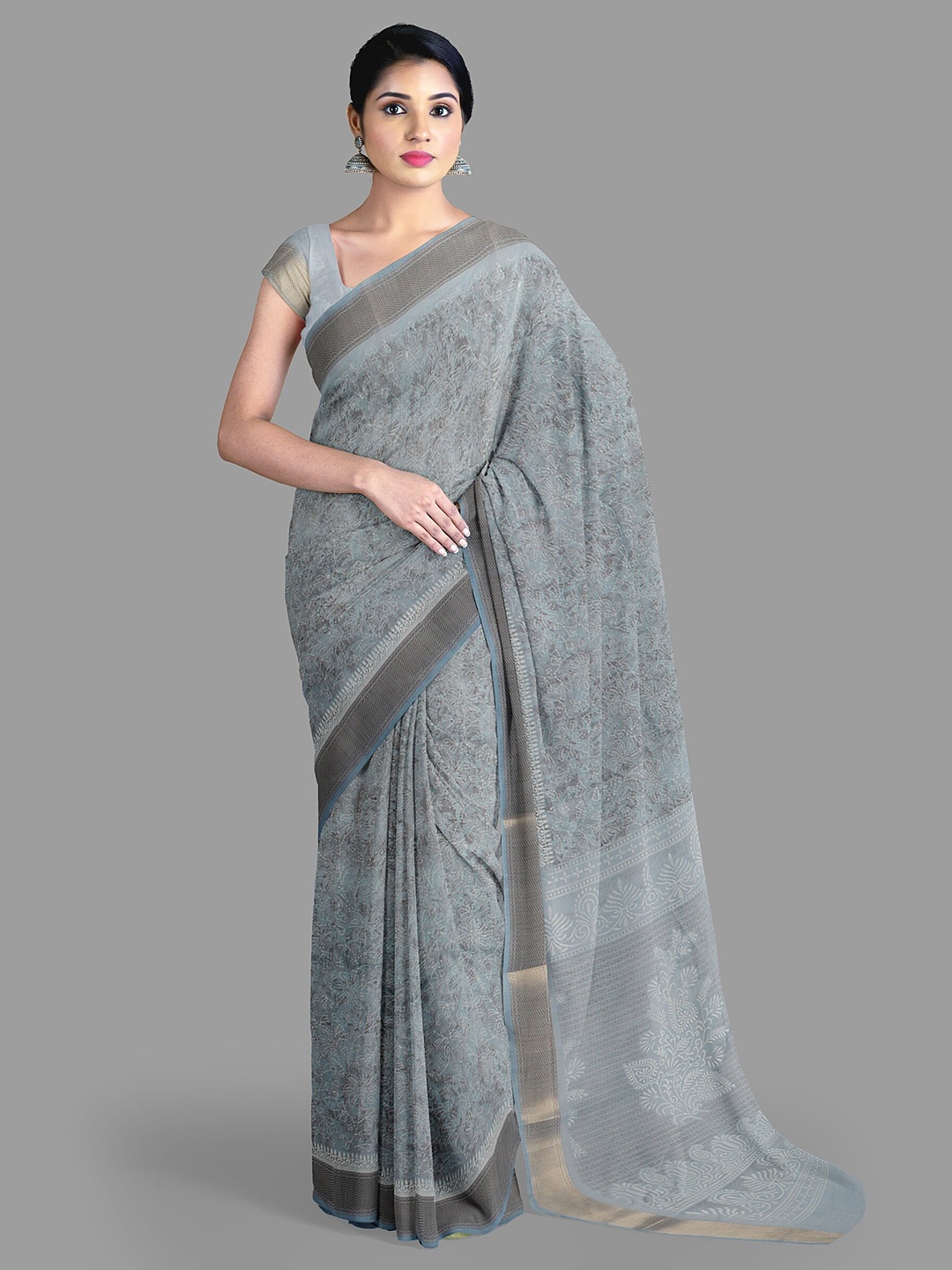 

The Chennai Silks Cotton Floral Zari Sambalpuri Saree, Grey