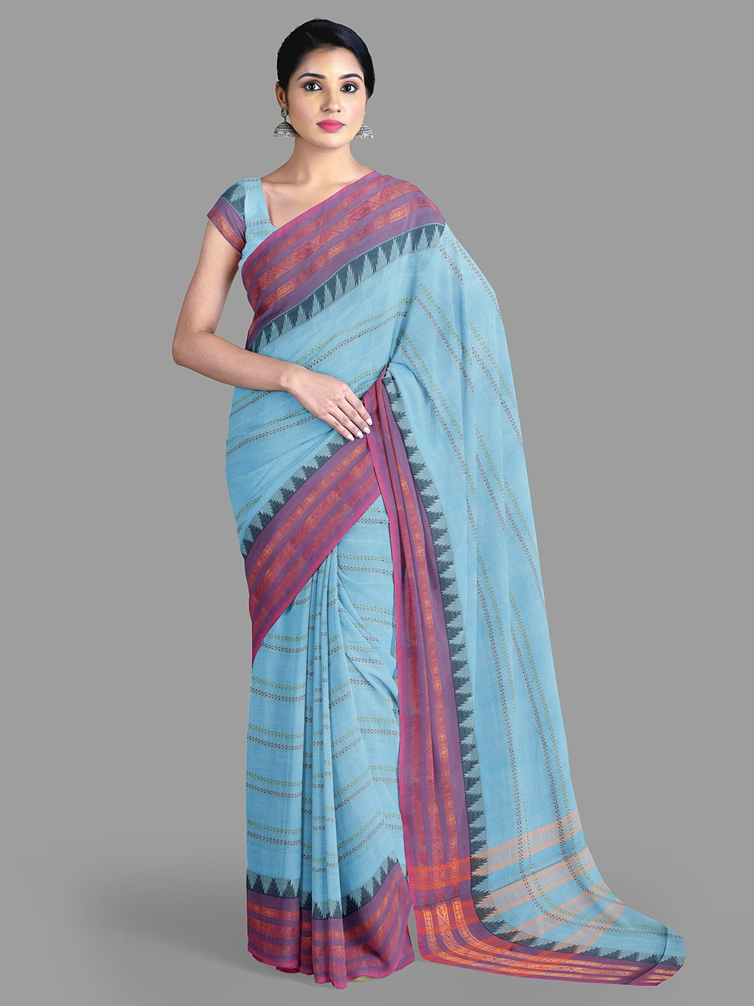 

The Chennai Silks Striped Zari Pure Cotton Chettinad Saree With Blouse Piece, Blue