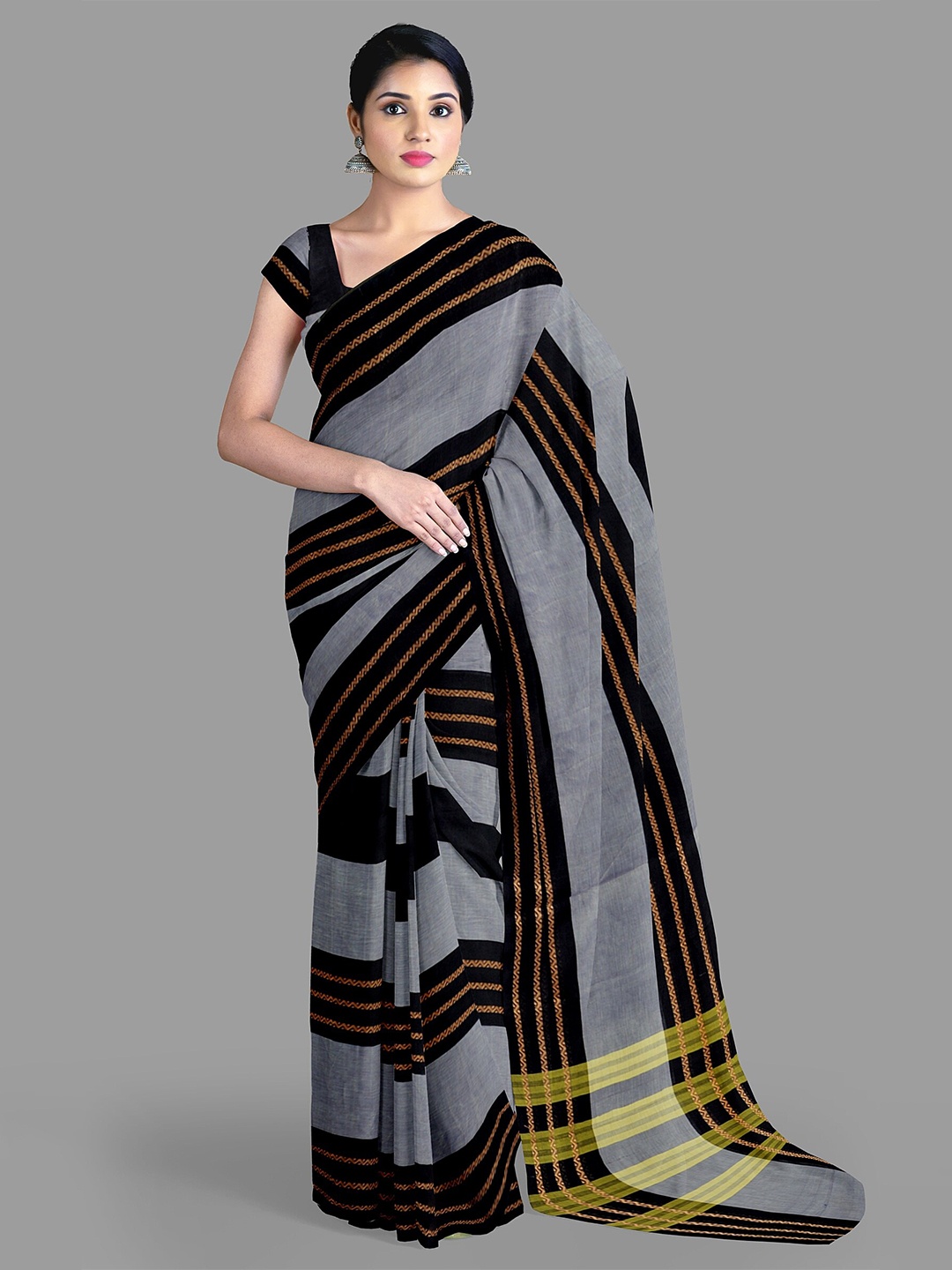 

The Chennai Silks Striped Chettinad Pure Cotton Saree, Grey