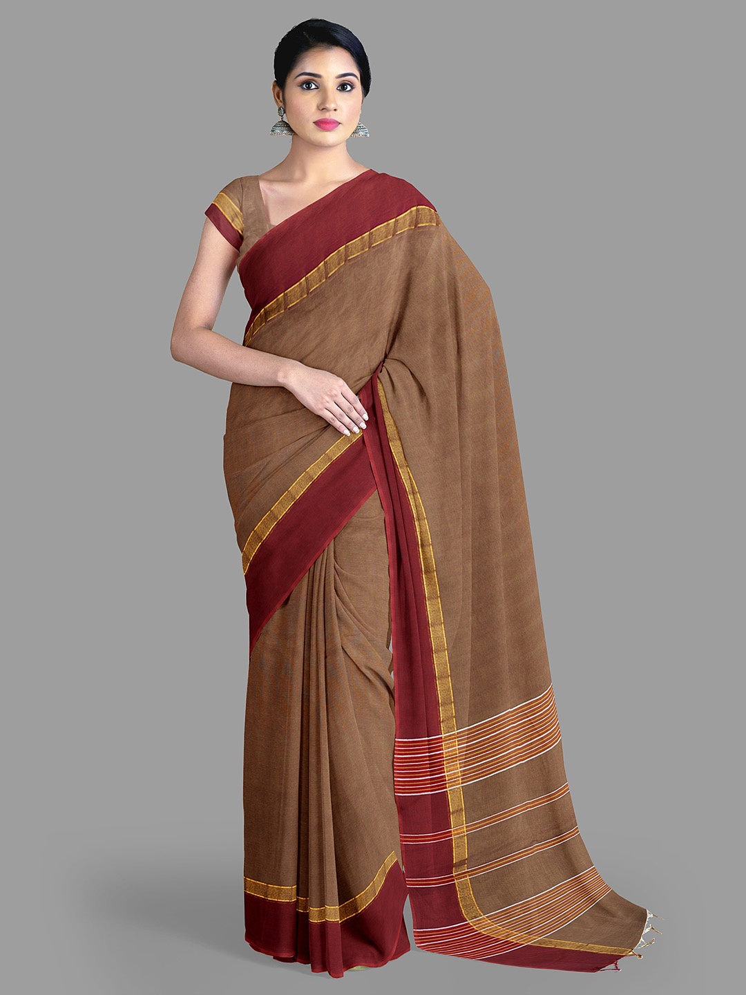 

The Chennai Silks Zari Pure Cotton Kovai Saree, Brown