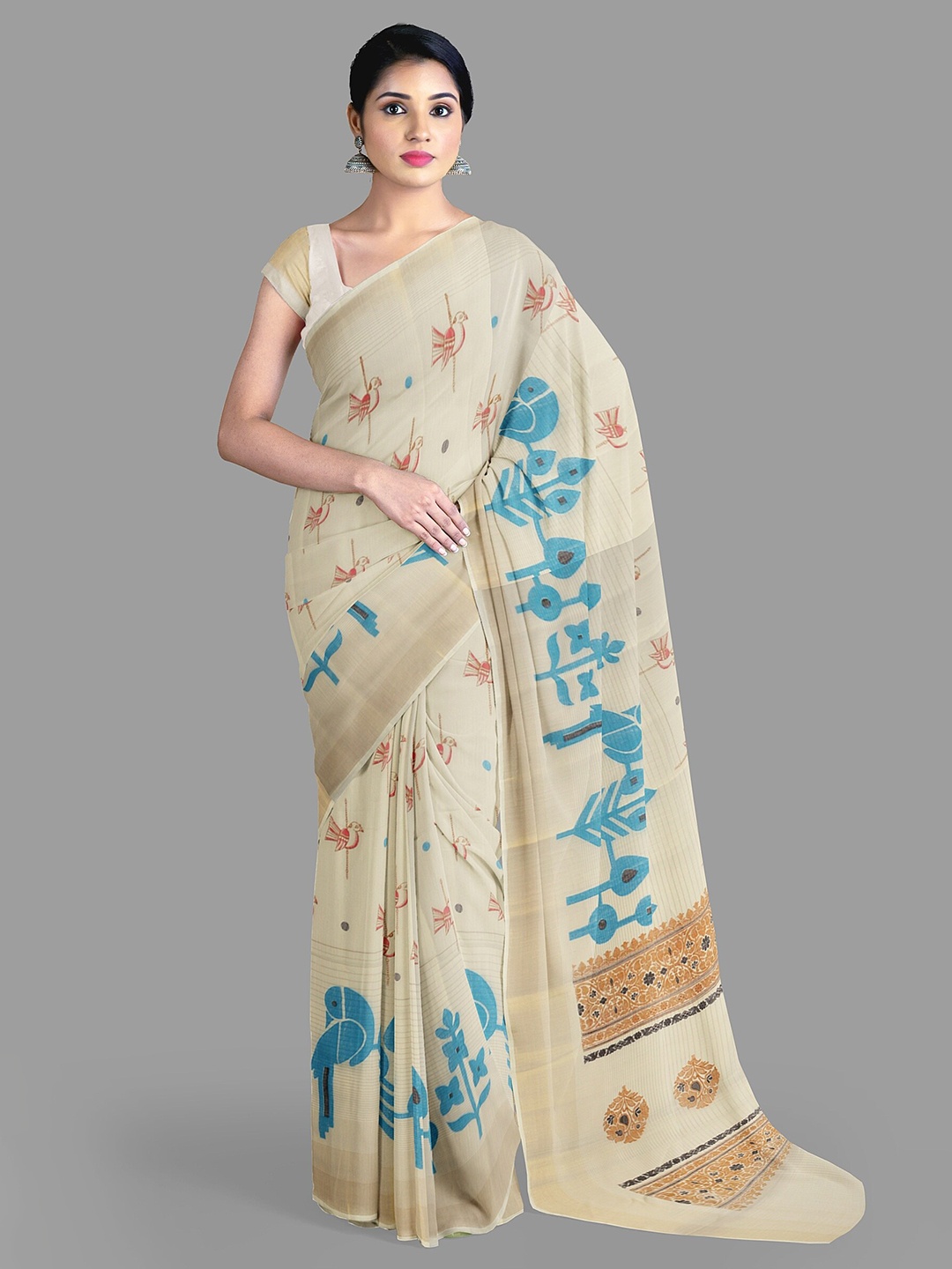 

The Chennai Silks Floral Zari Chanderi Saree, Off white