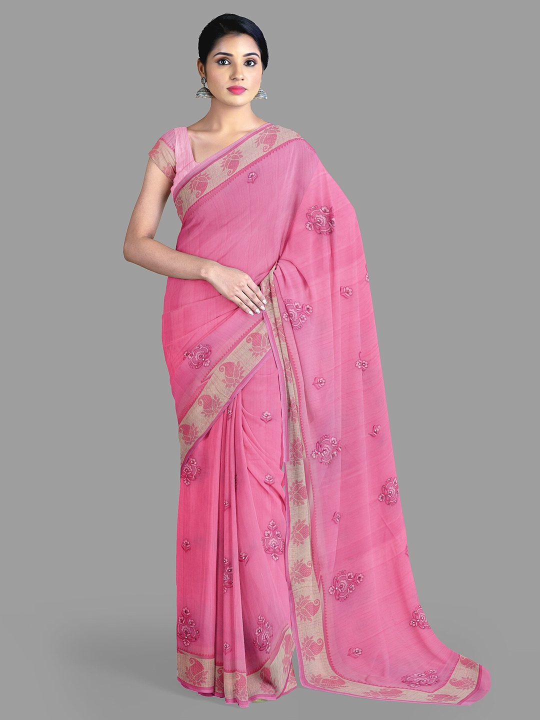 

The Chennai Silks Floral Embroidered Pure Cotton Kovai Saree, Pink