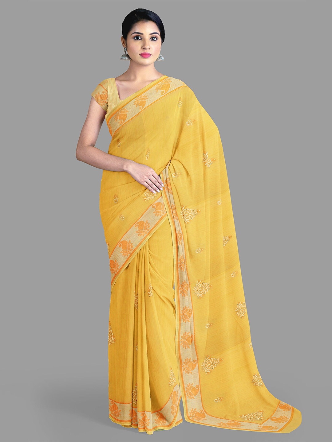 

The Chennai Silks Floral Embroidered Pure Cotton Kovai Saree, Yellow