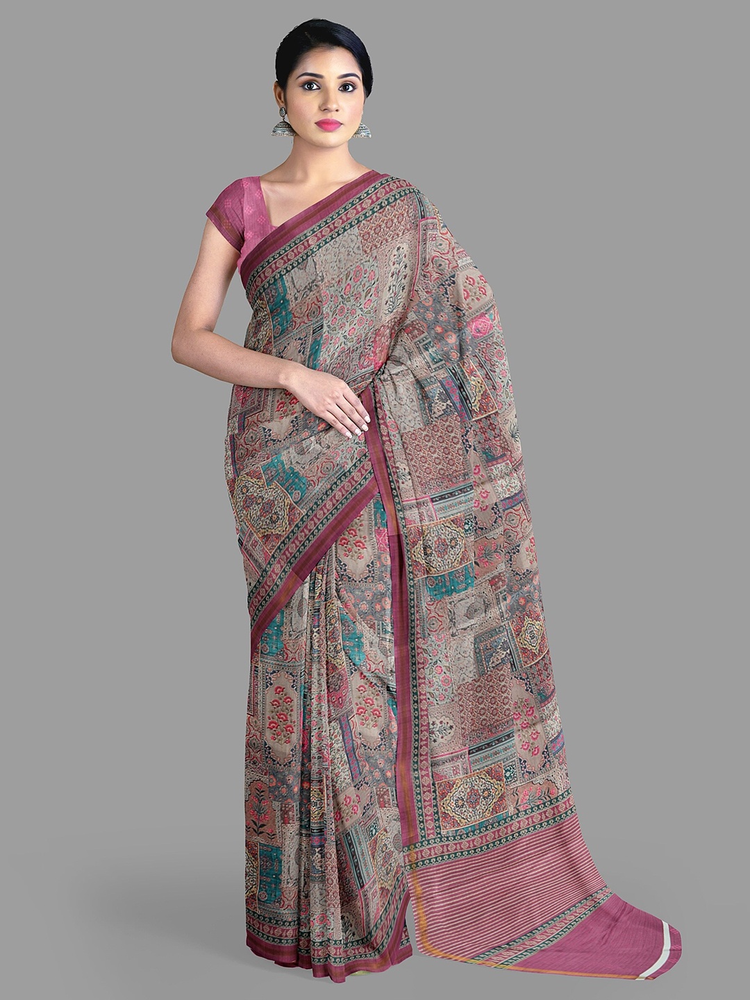 

The Chennai Silks Floral Zari Art Silk Dharmavaram Saree With Blouse Piece, Beige