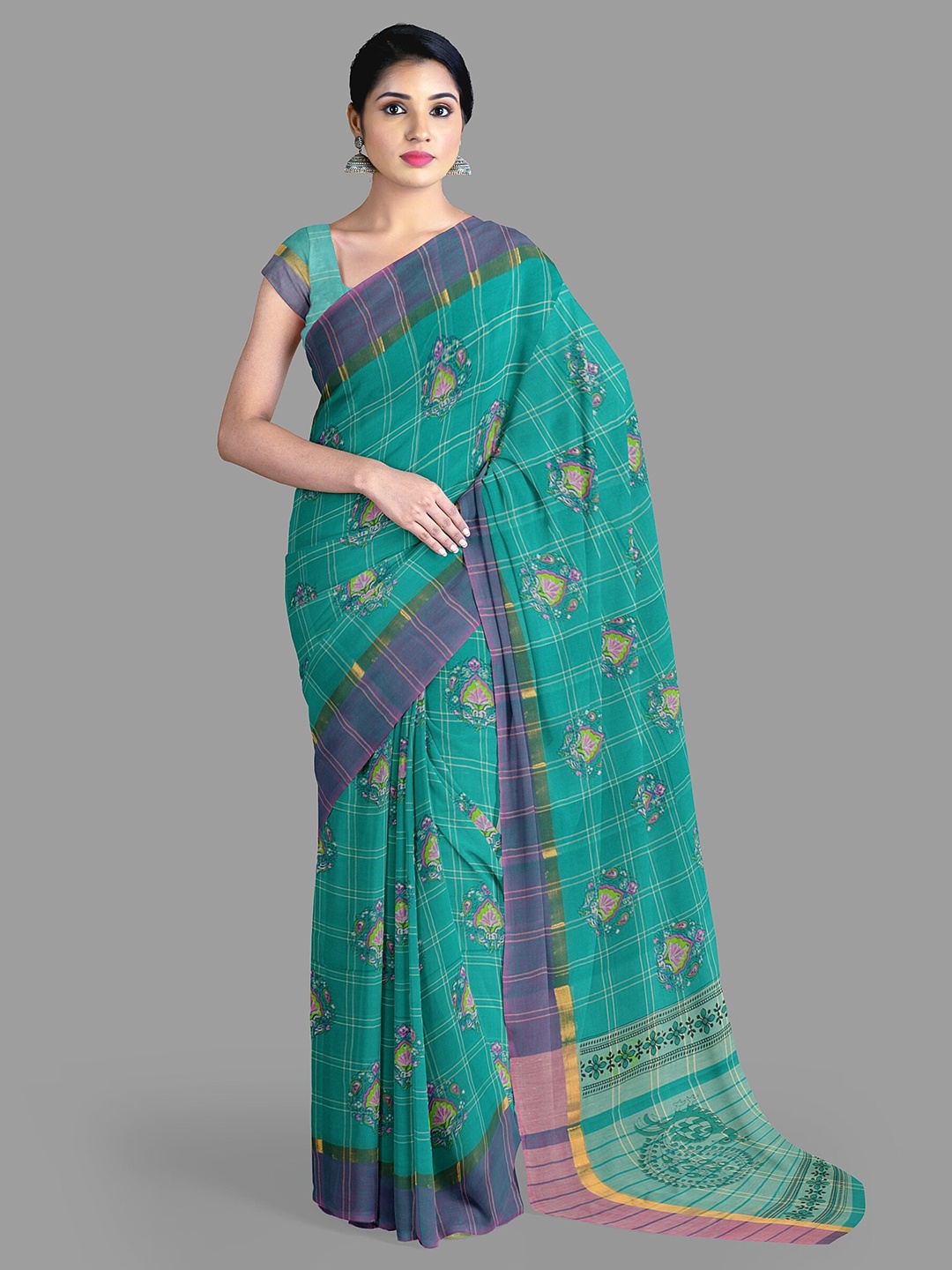 

The Chennai Silks Floral Zari Pure Cotton Saree, Green