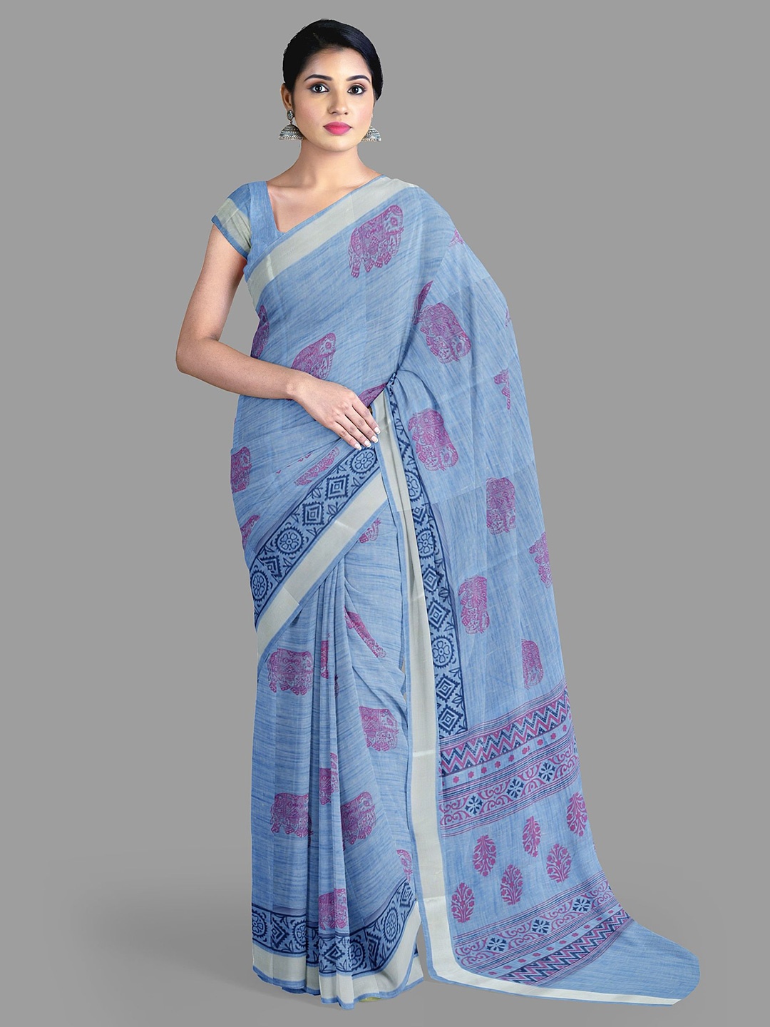 

The Chennai Silks Ajrak Block Zari Narayan Peth Saree, Blue
