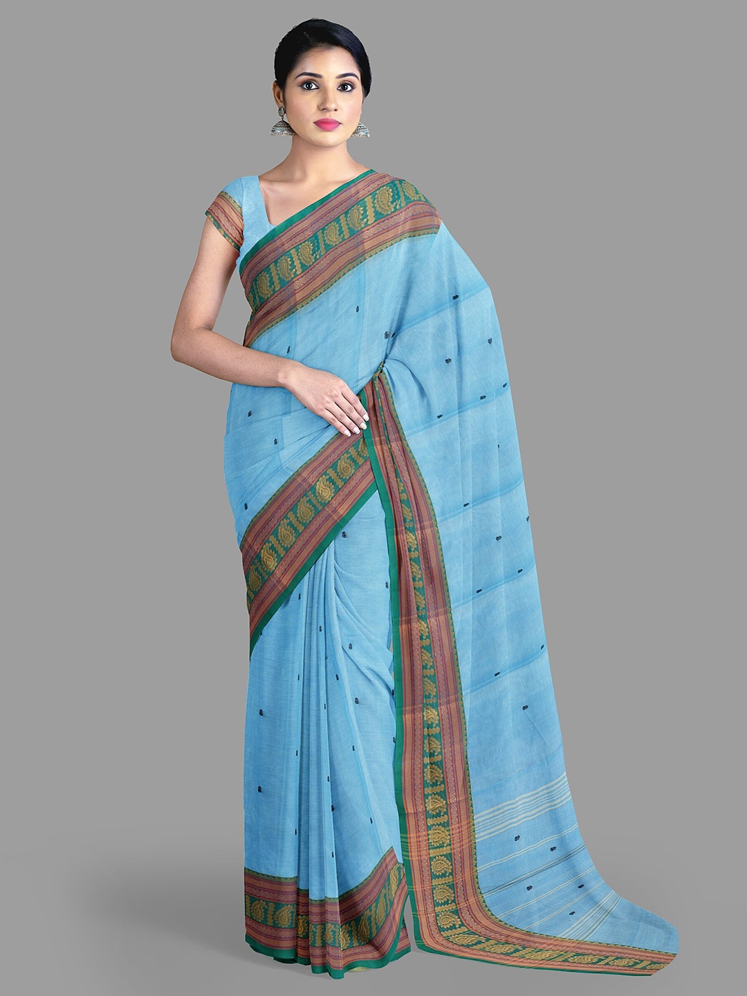 

The Chennai Silks Floral Zari Pure Cotton Chettinad Saree With Blouse Piece, Blue