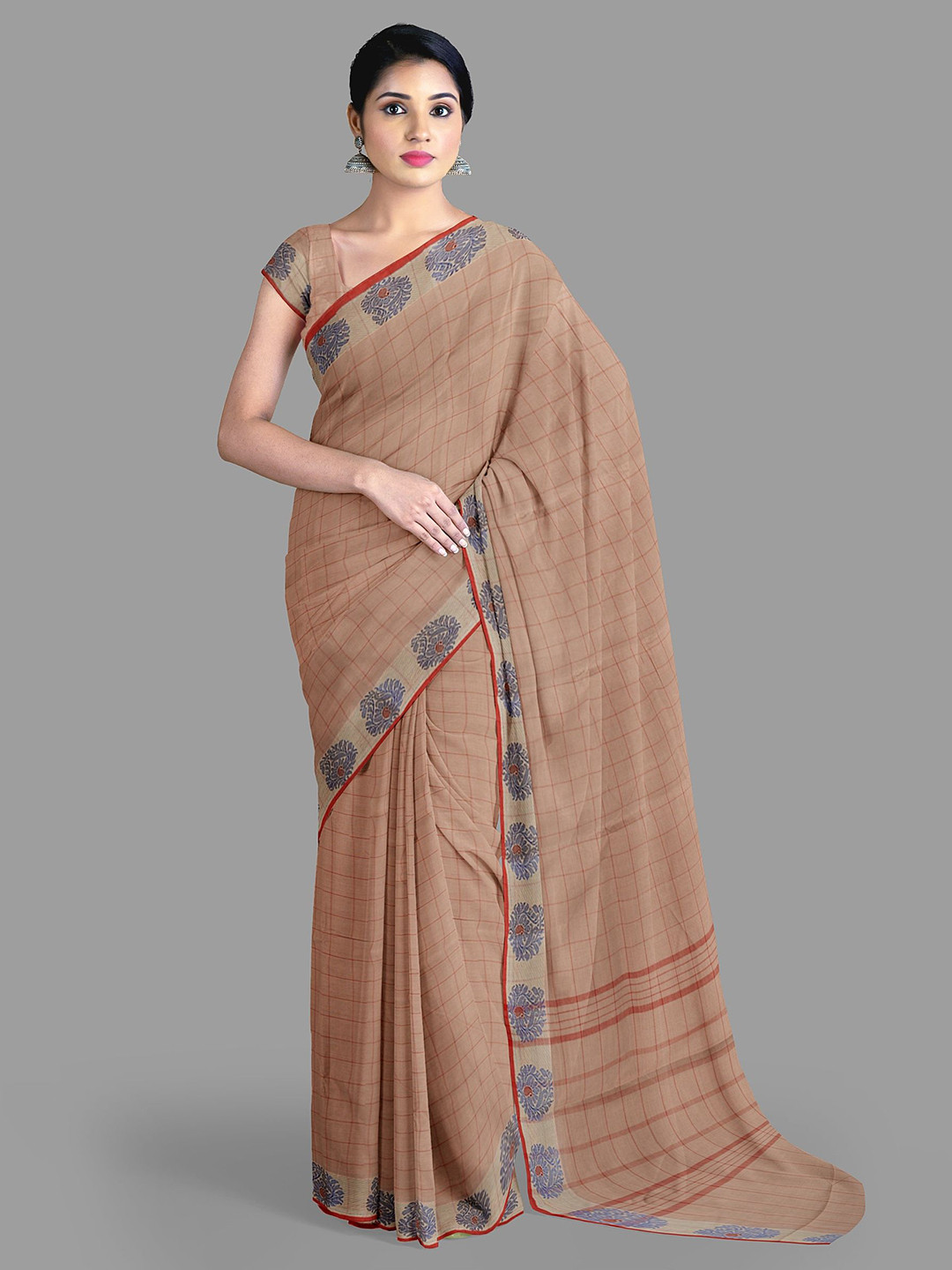 

The Chennai Silks Checked Pure Cotton Chettinad Saree With Blouse Piece, Brown