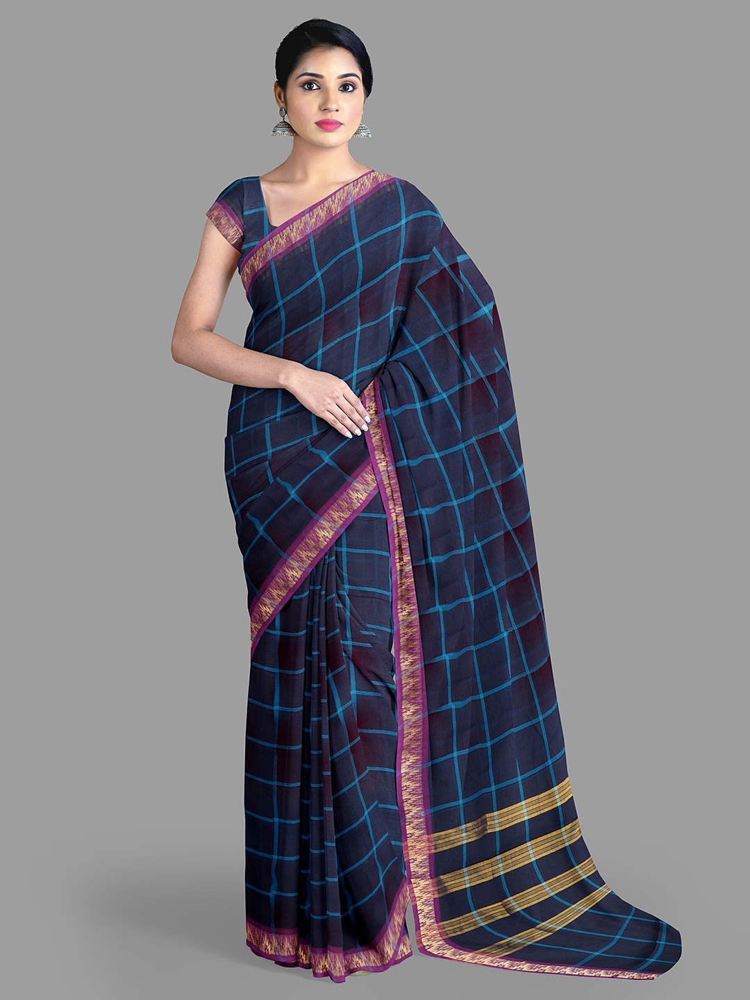 

The Chennai Silks Checked Zari Pure Cotton Chettinad Saree, Navy blue