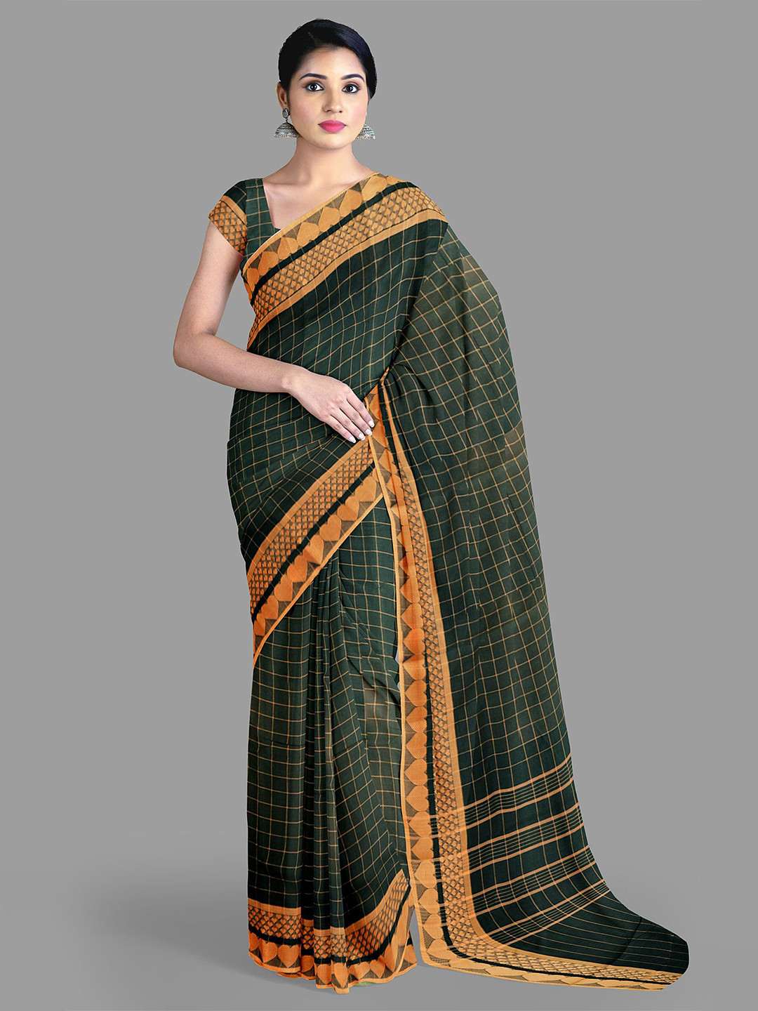 

The Chennai Silks Checked Pure Cotton Chettinad Saree With Blouse Piece, Green