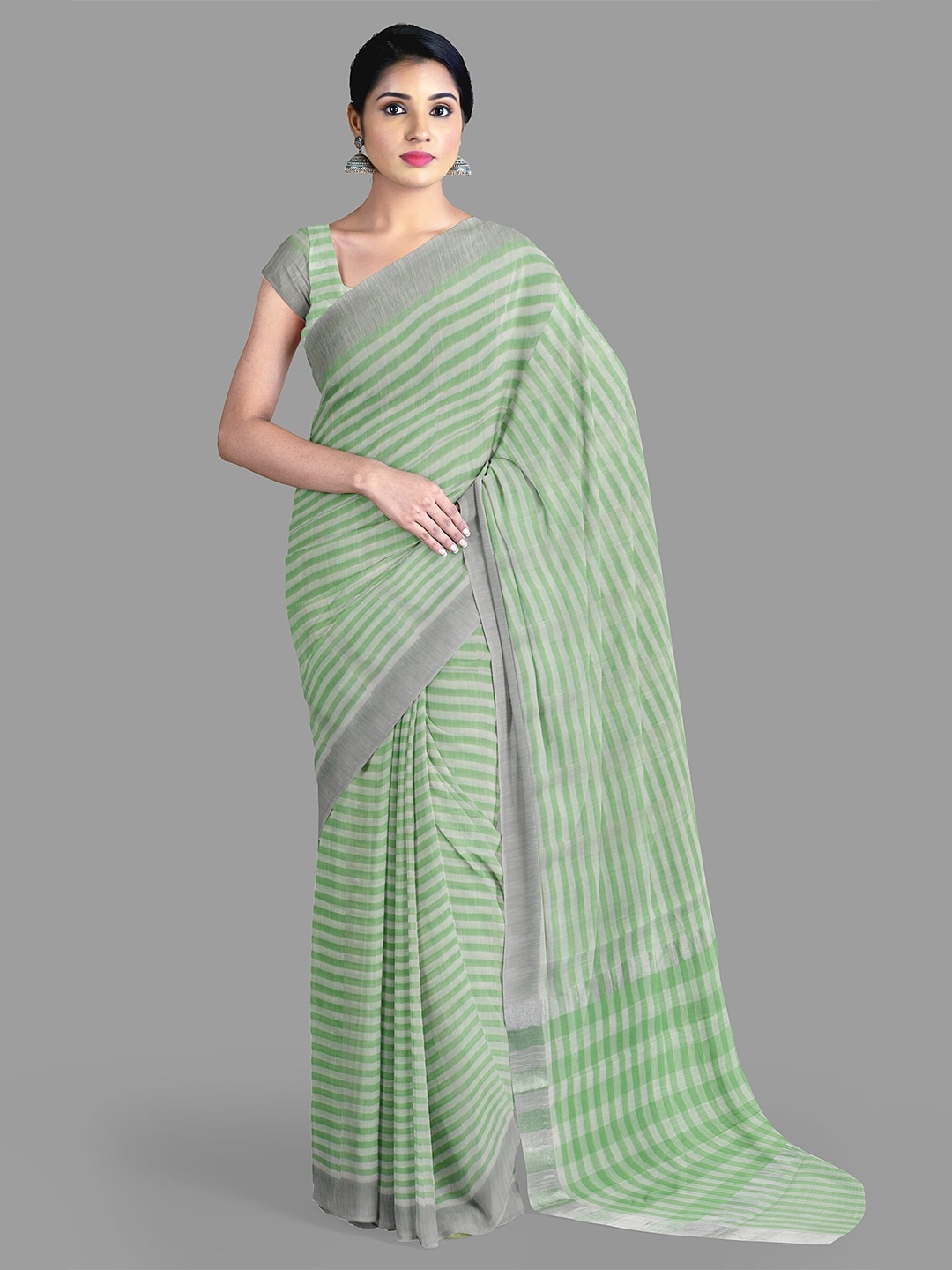 

The Chennai Silks Striped Zari Pure Cotton Saree, Green