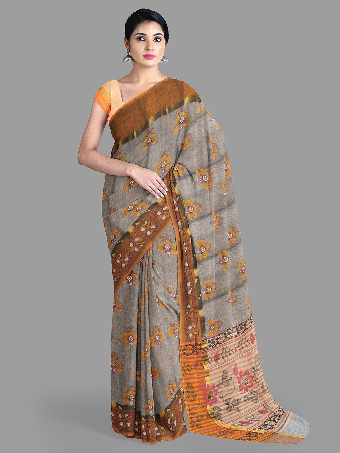 

The Chennai Silks Floral Zari Pure Cotton Saree, Grey