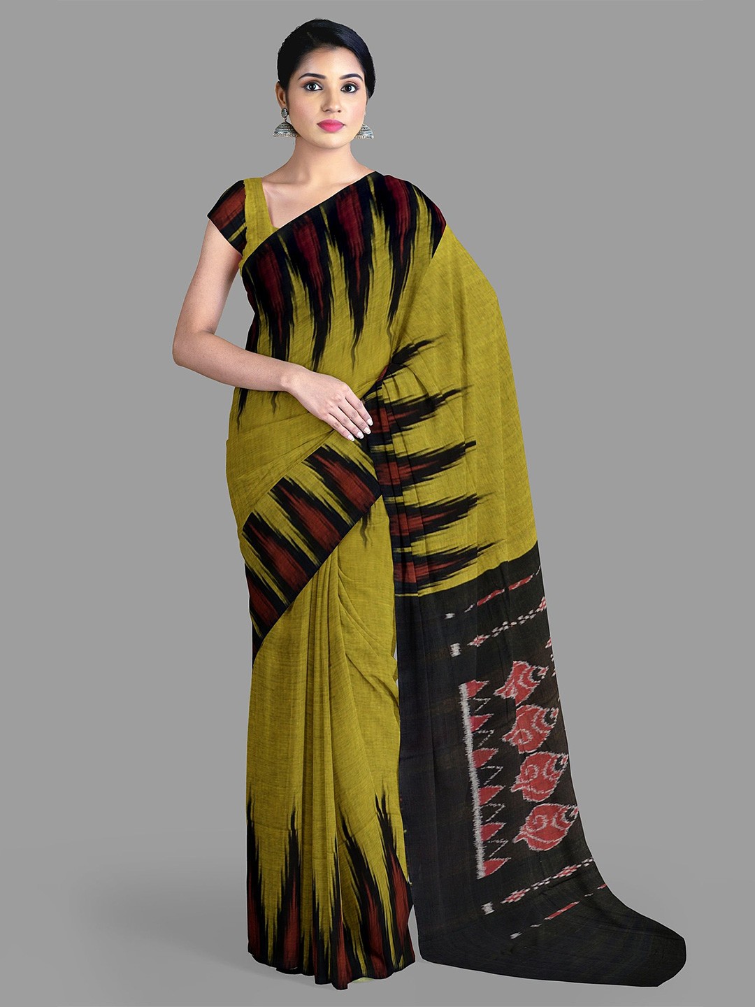 

The Chennai Silks Pure Cotton Pochampally Saree With Blouse Piece, Olive