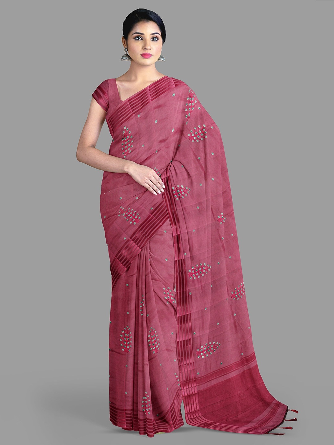 

The Chennai Silks Floral Embroidered Striped Banarasi Saree With Blouse Piece, Pink