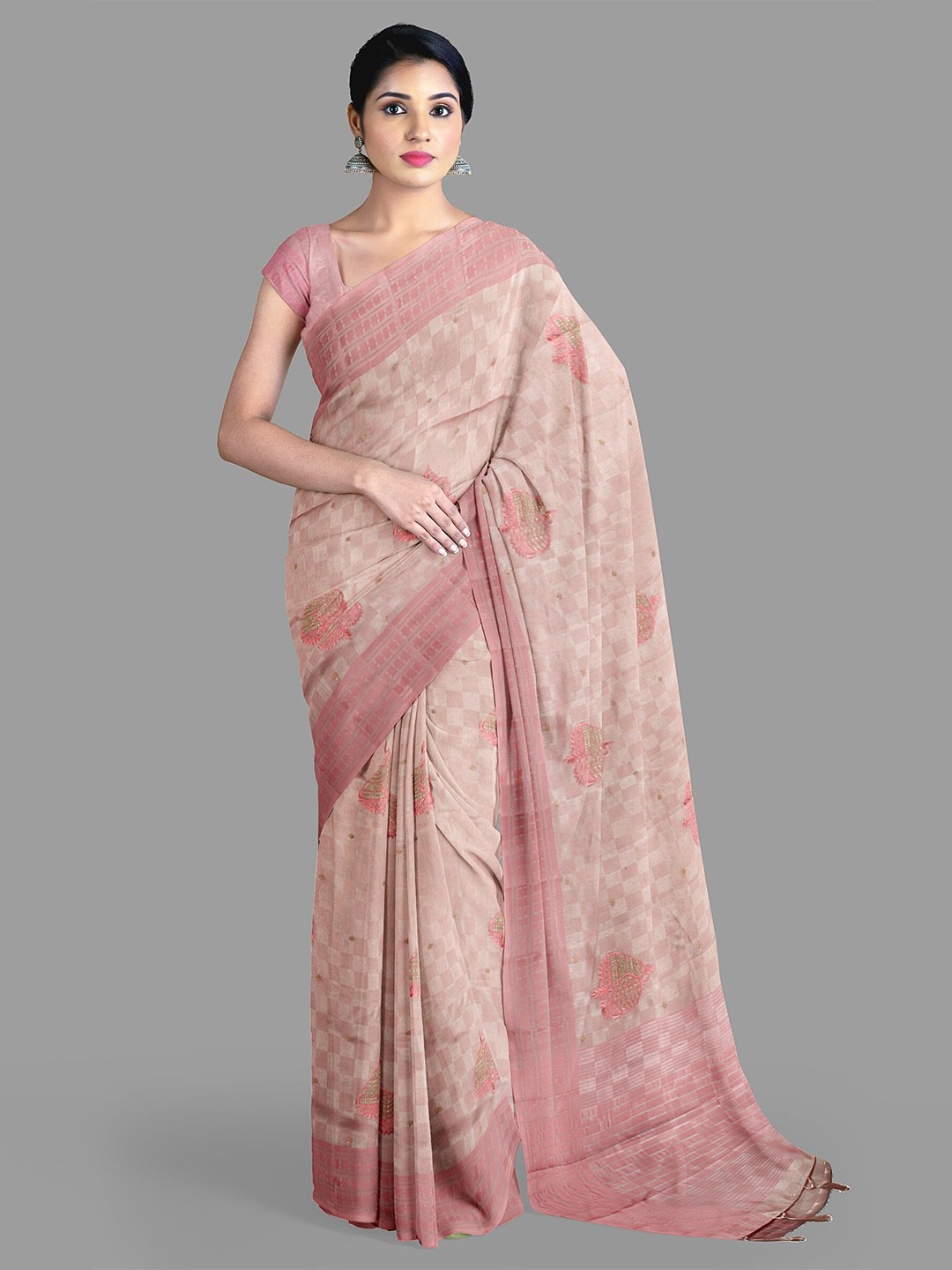 

The Chennai Silks Floral Embroidered Jute Cotton Banarasi Saree, Pink