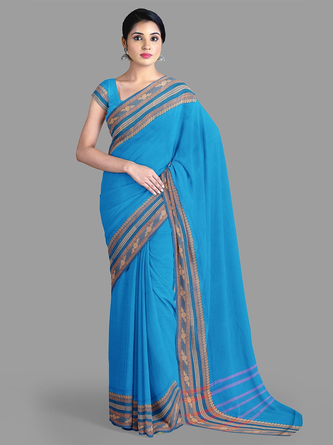 

The Chennai Silks Women Zari Pure Cotton Chettinad Saree, Blue