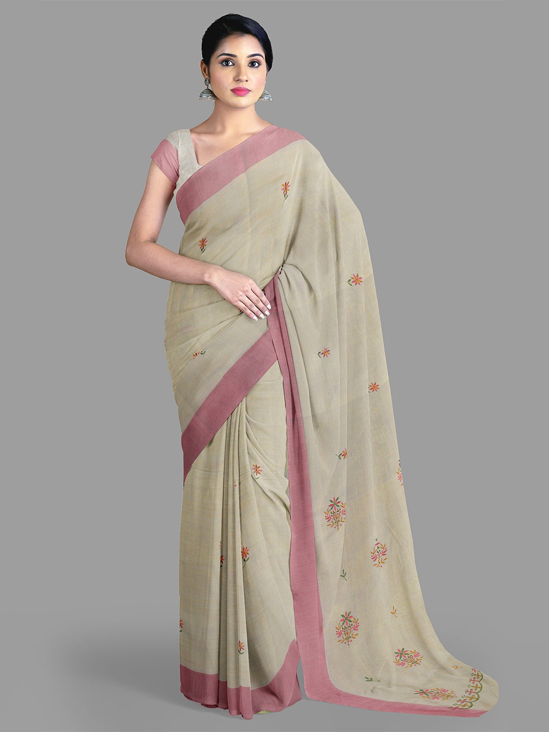 

The Chennai Silks Floral Embroidered Chanderi Saree, Cream