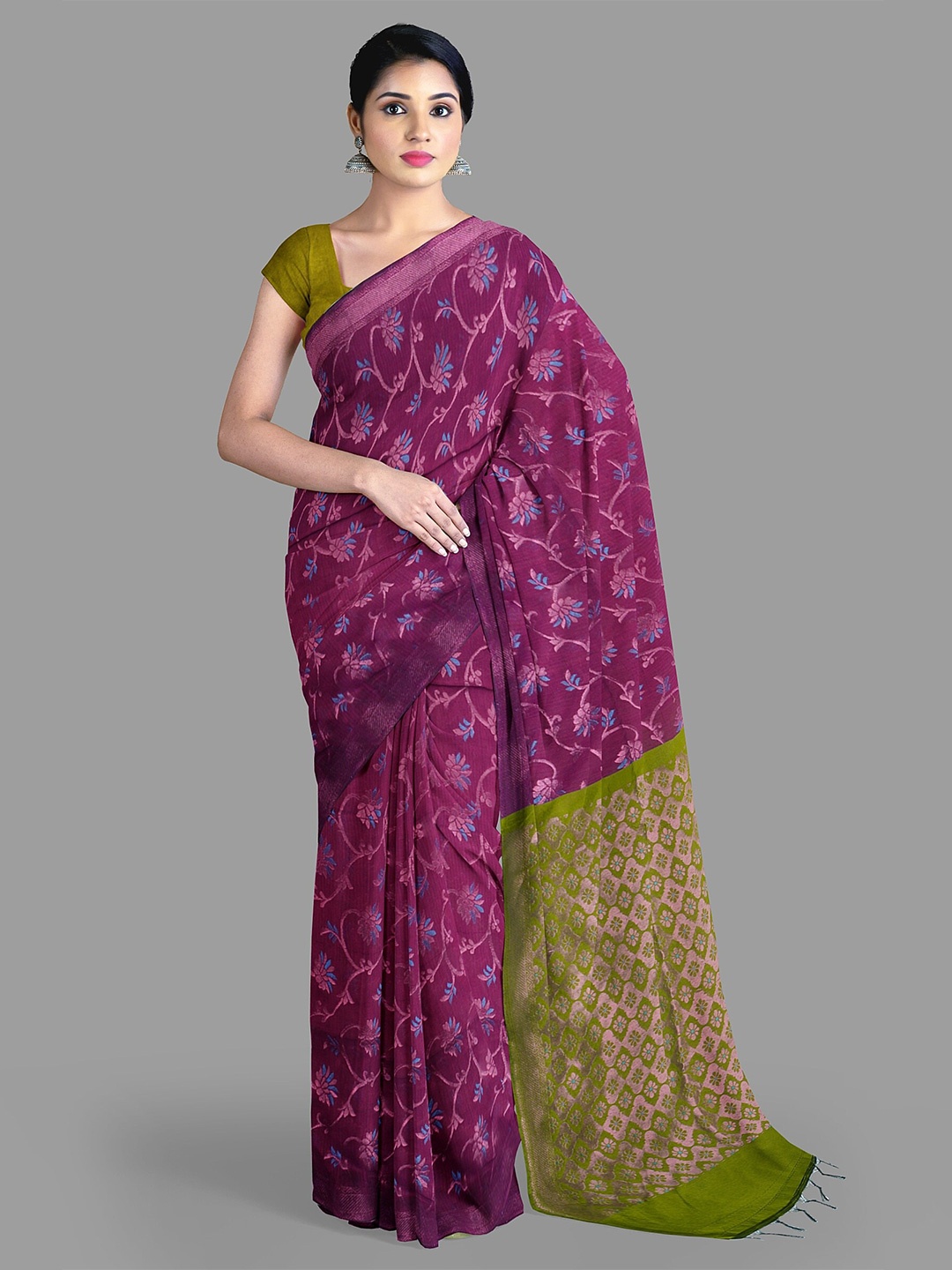 

The Chennai Silks Floral Zari Silk Cotton Maheshwari Saree With Blouse Piece, Purple