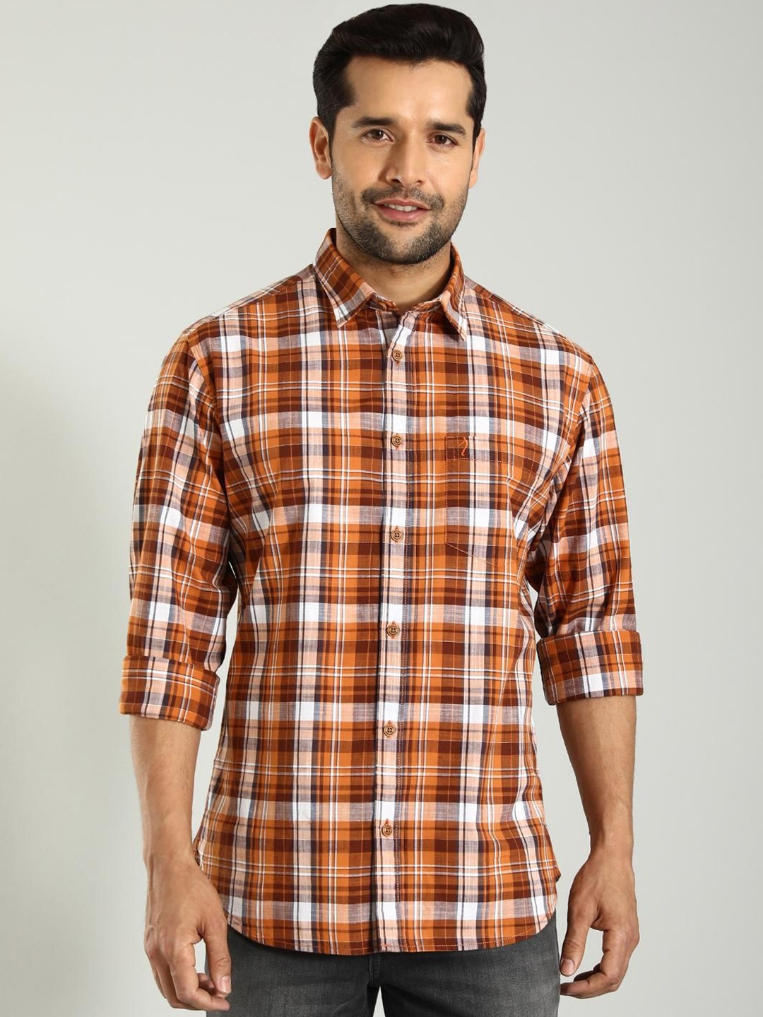 

Indian Terrain Men Classic Slim Fit Tartan Checks Opaque Checked Casual Shirt, Orange