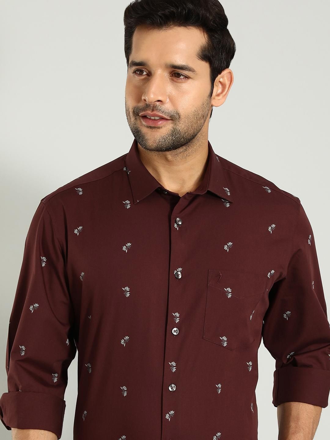 

Indian Terrain Printed Spread Collar Classic Slim Fit Pure Cotton Casual Shirt, Brown