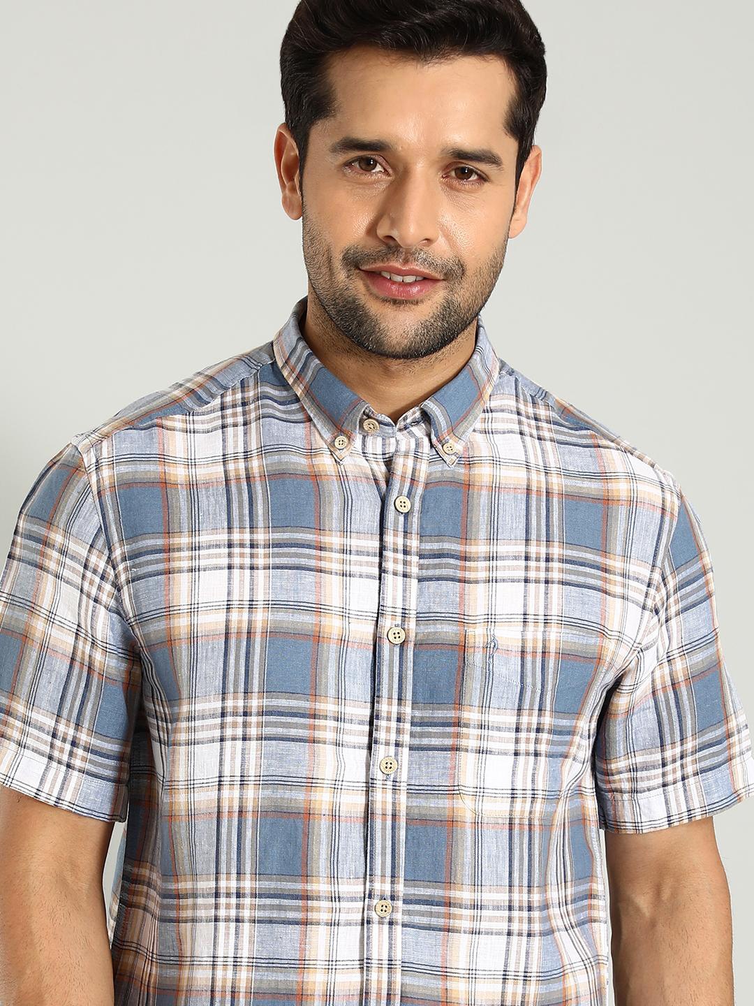 

Indian Terrain Tartan Checks Checked Classic Linen Slim Fit Casual Shirt, Brown