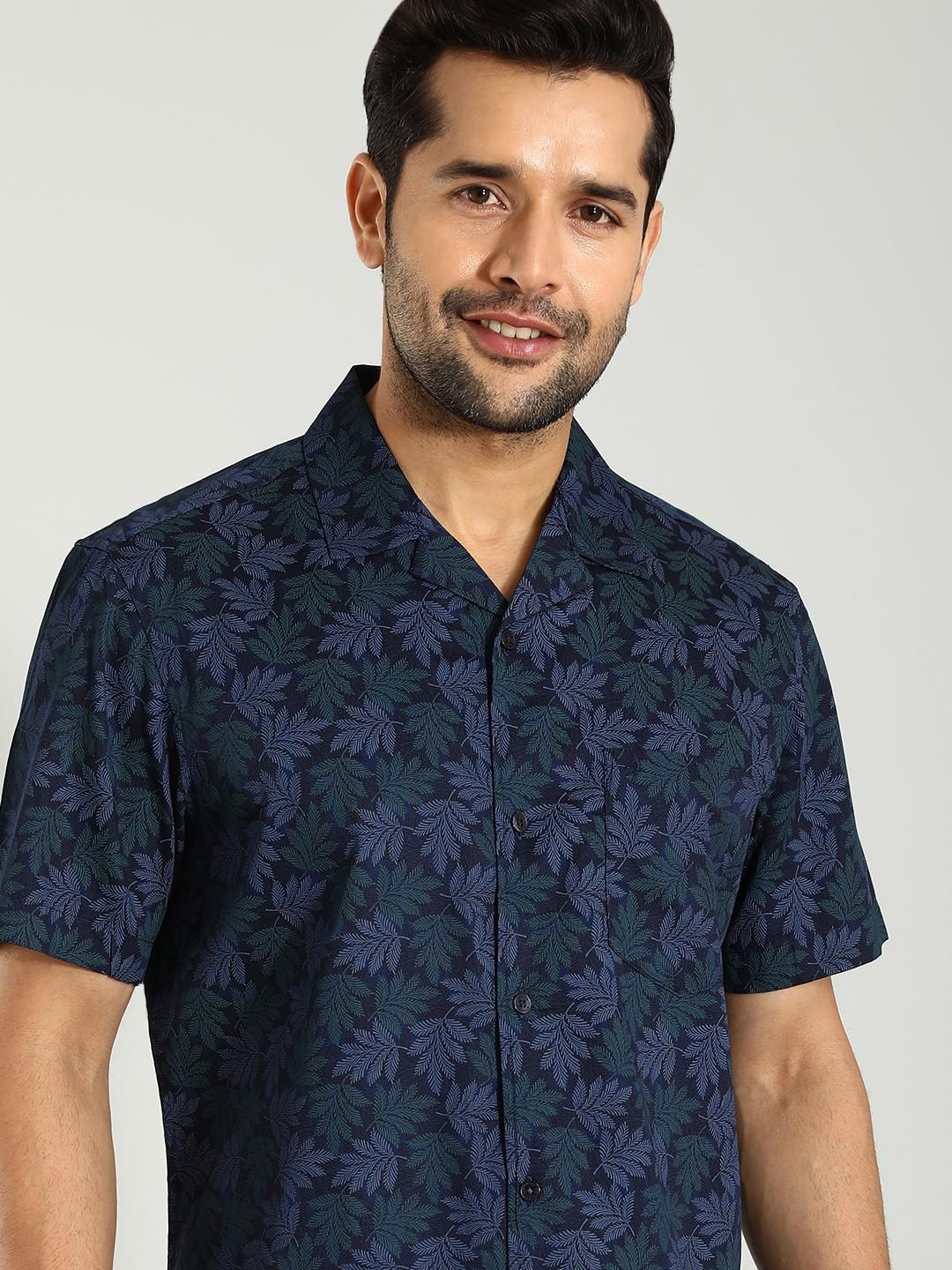 

Indian Terrain Classic Slim Fit Floral Printed Cuban Collar Shirt, Blue