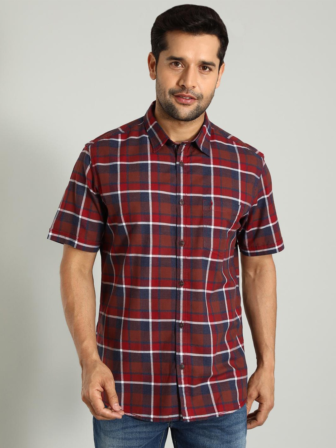 

Indian Terrain Tartan Checked Classic Slim Fit Cotton Opaque Casual Shirt, Red