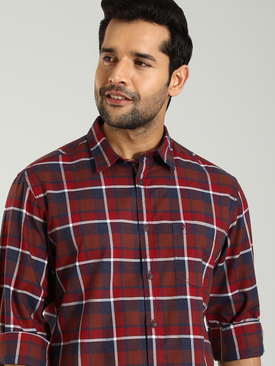 

Indian Terrain Slim Fit Tartan Checked Spread Collar Long Sleeves Cotton Casual Shirt, Brown