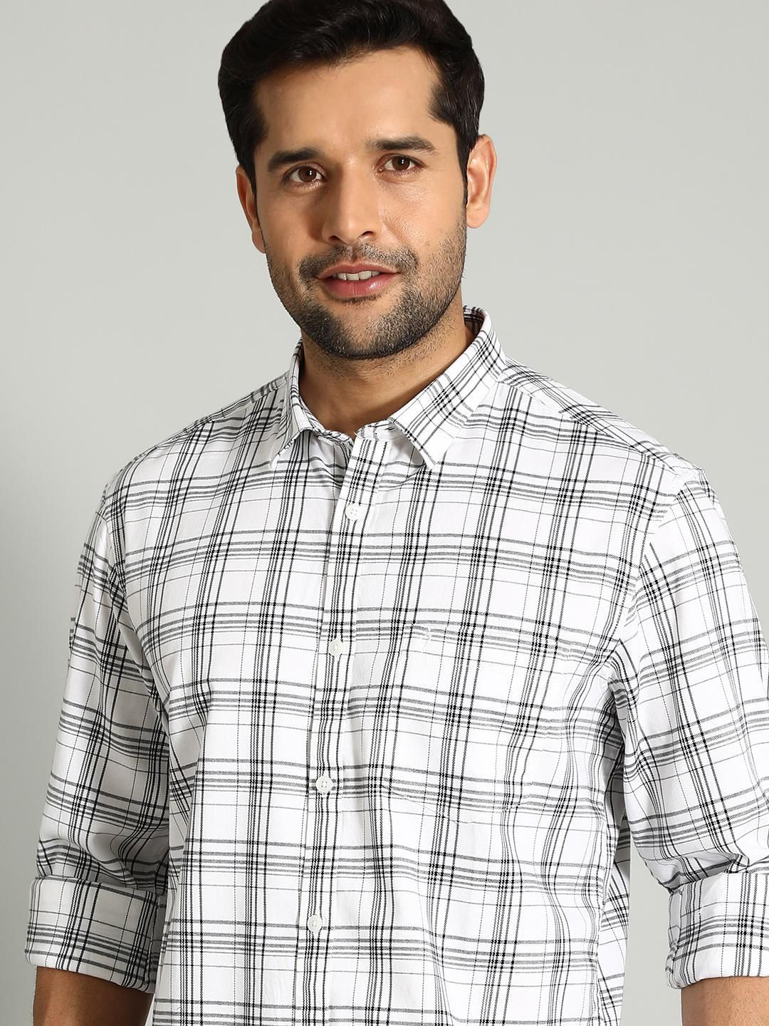 

Indian Terrain Classic Slim Fit Tartan Checked Spread Collar Cotton Shirt, White
