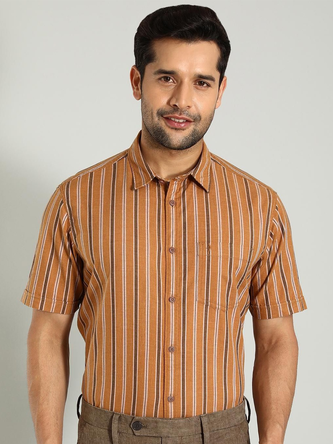 

Indian Terrain Striped Classic Slim Fit Pure Cotton Casual Shirt, Orange