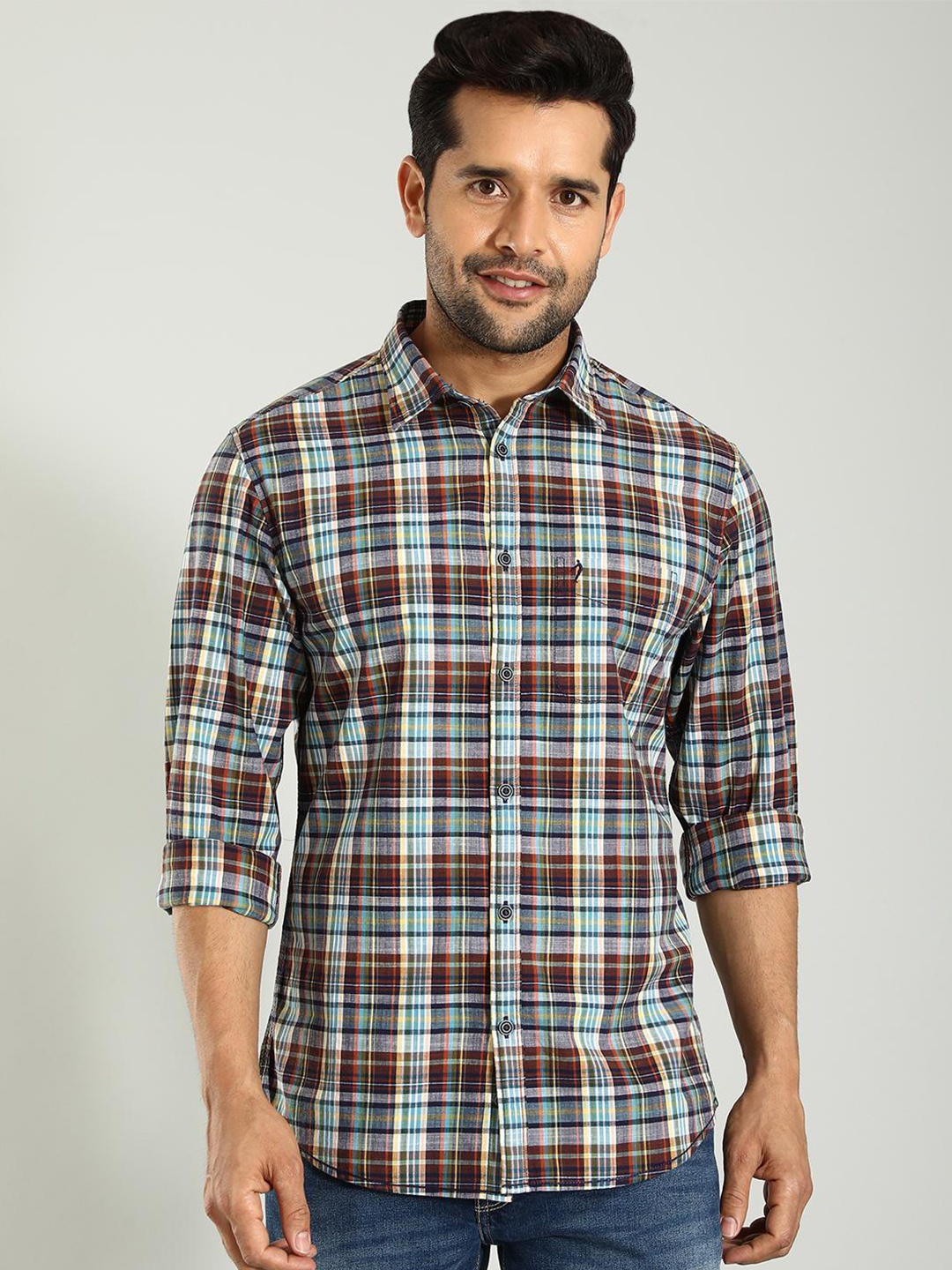 

Indian Terrain Chiseled Spread Collar Skinny Fit Tartan Checks Checked Cotton Casual Shirt, Red