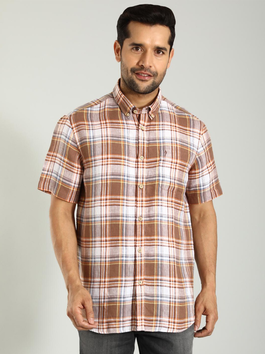 

Indian Terrain Classic Slim Fit Tartan Checks Opaque Checked Casual Shirt, Brown