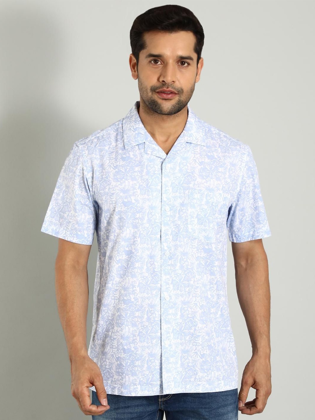 

Indian Terrain Classic Spread Collar Slim Fit Floral Printed Cotton Casual Shirt, Blue