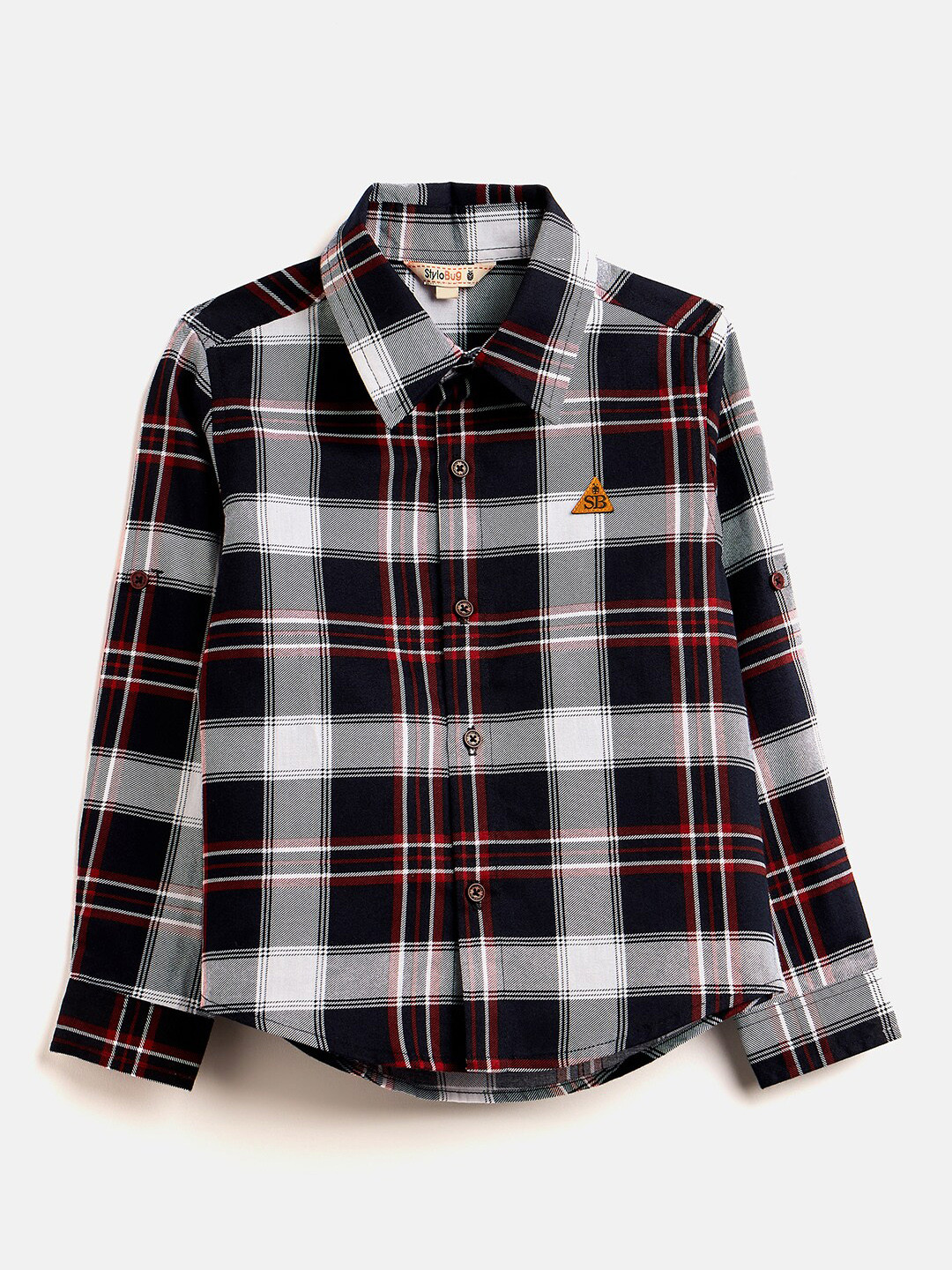 

Stylo Bug Boys Slim Fit Tartan Checks Roll-Up Sleeves Cotton Casual Shirt, Black