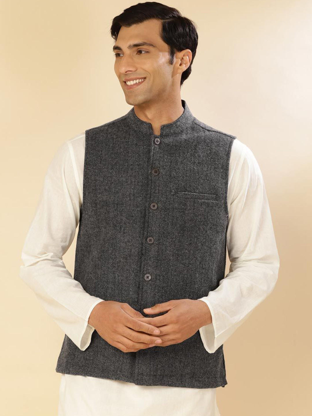 

Fabindia Woven Pure Wool Nehru Jacket, Grey