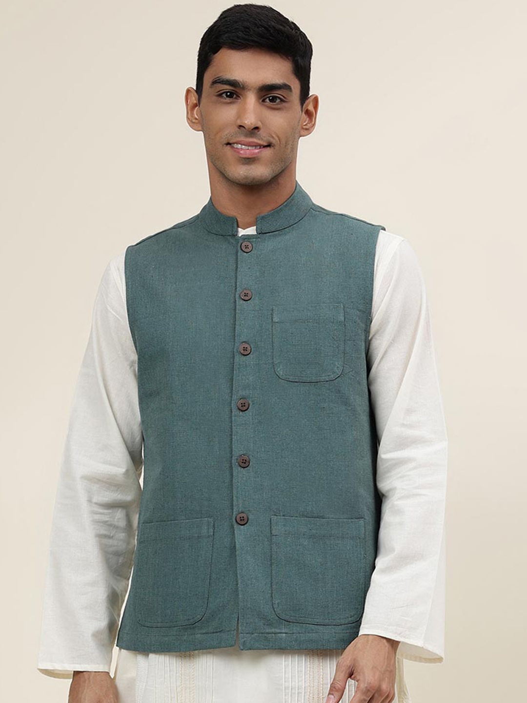 

Fabindia Pure Cotton Woven Nehru Jacket, Green