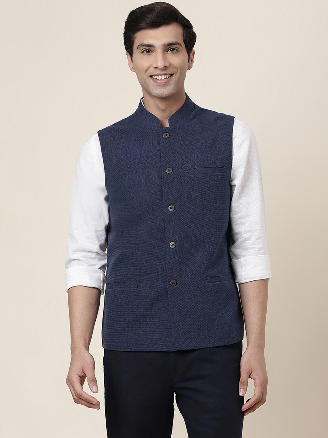 

Fabindia Pure Cotton Woven Nehru Jacket, Blue