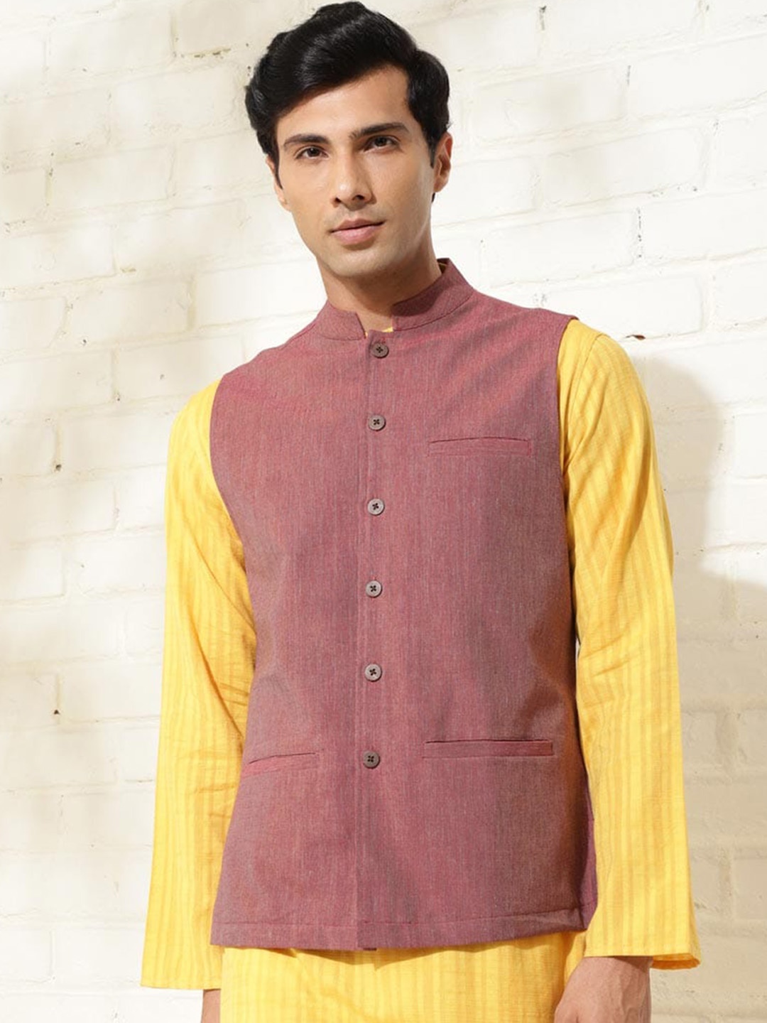 

Fabindia Pure Cotton Woven Nehru Jacket, Maroon