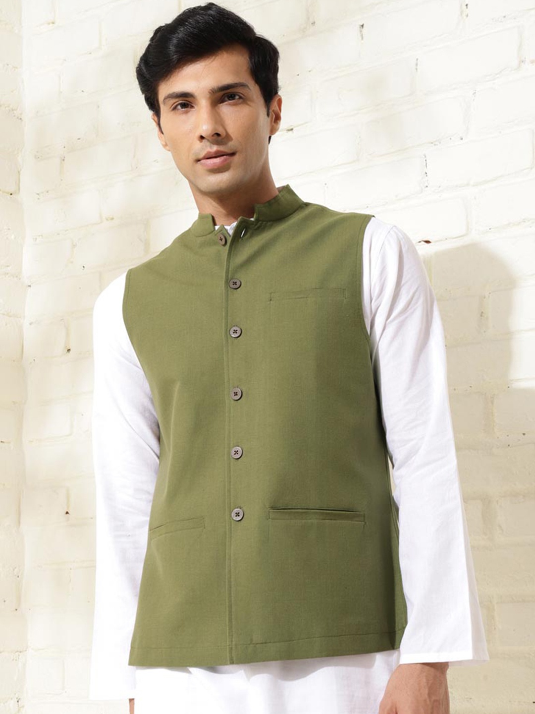 

Fabindia Pure Cotton Solid Woven Nehru Jacket, Olive