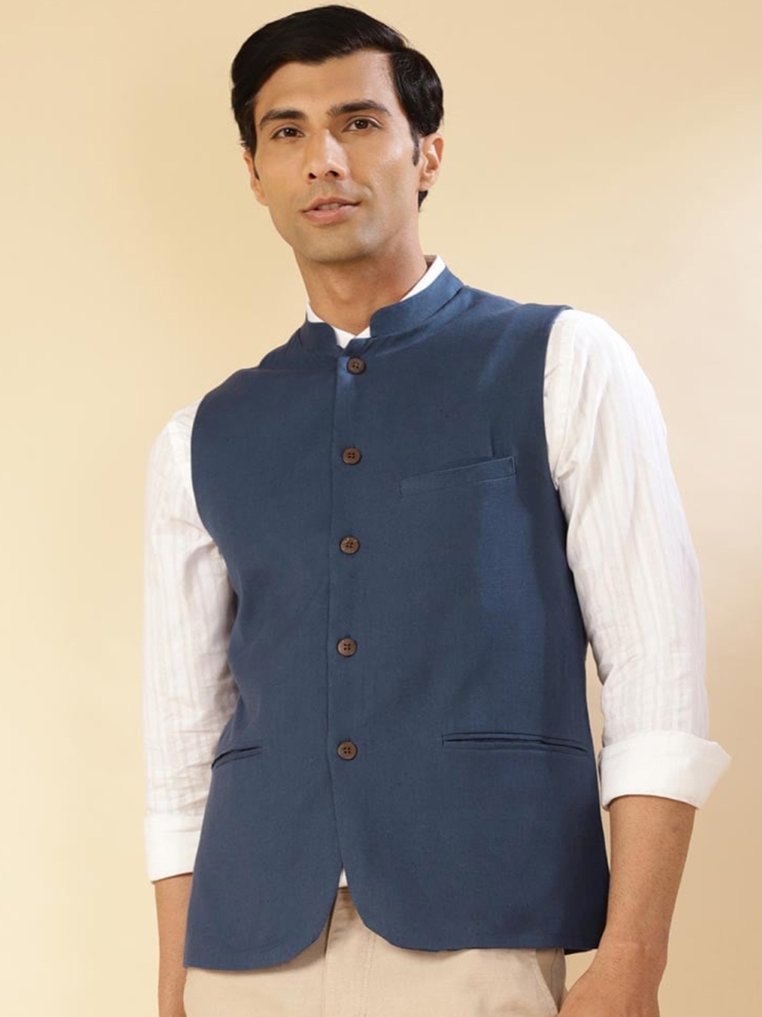 

Fabindia Solid Woven Slim Fit Jacket Nehru, Blue