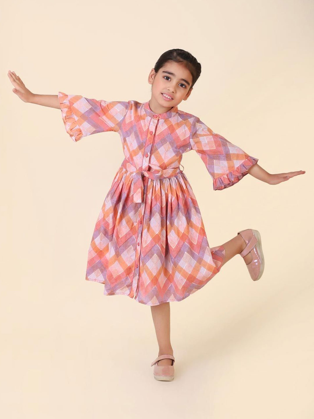 

Fabindia Printed Cotton Bell Sleeve Fit & Flare Midi Dress, Pink