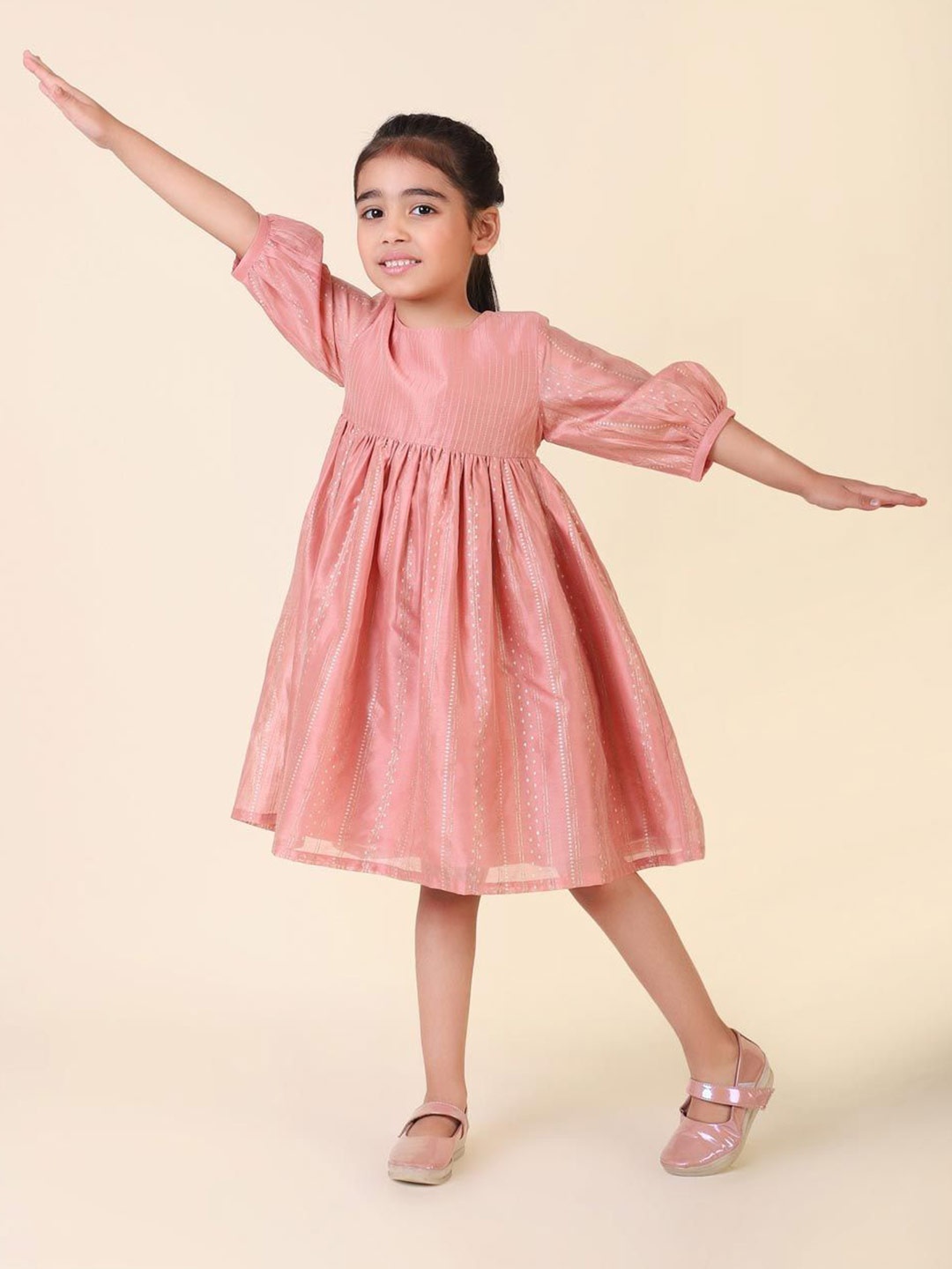 

Fabindia Girls Puff Sleeve Cotton Silk A-Line Dress, Peach