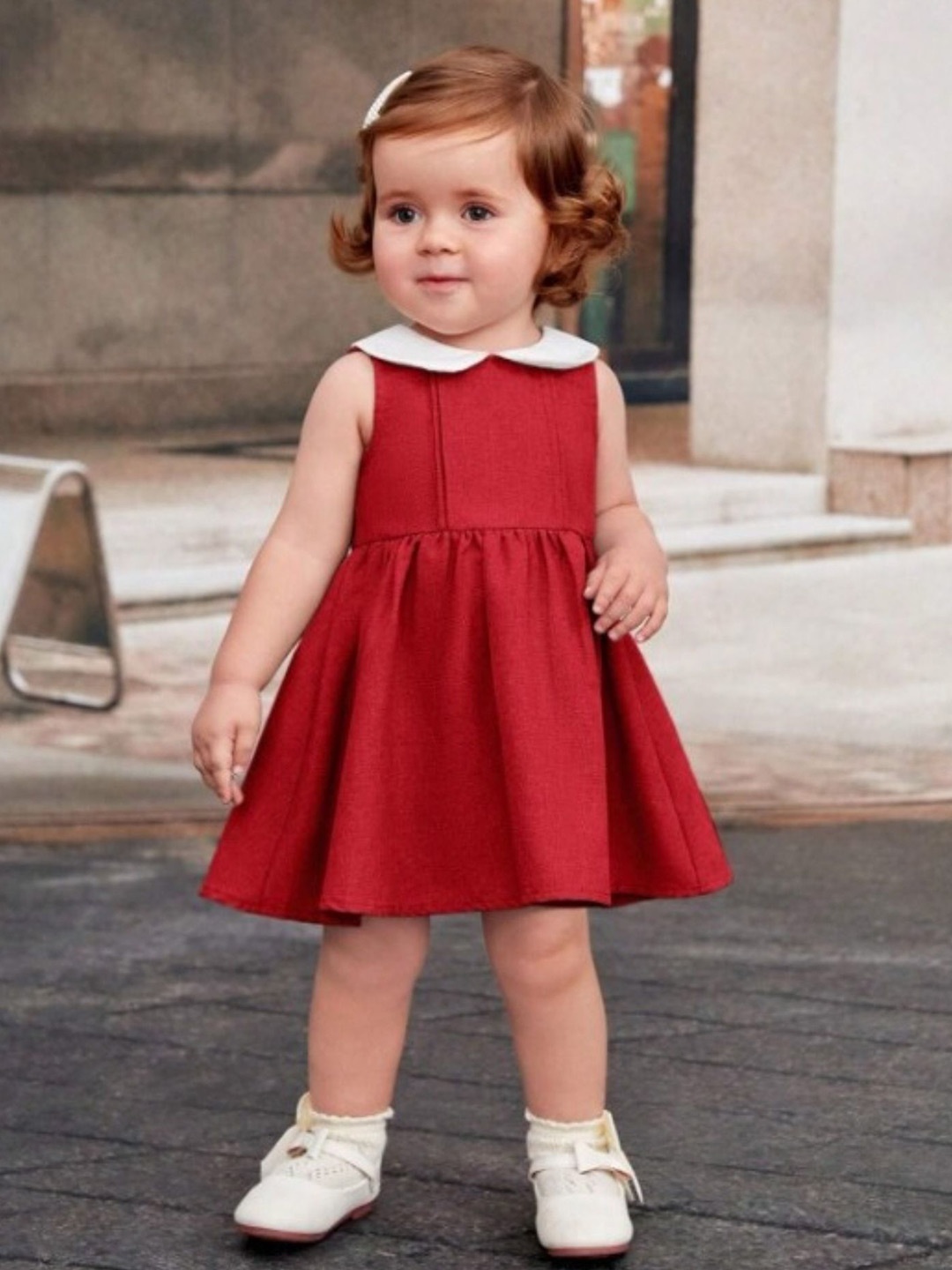 

LYTIX Peter Pan Collar Ruffled Fit & Flare Dress, Red